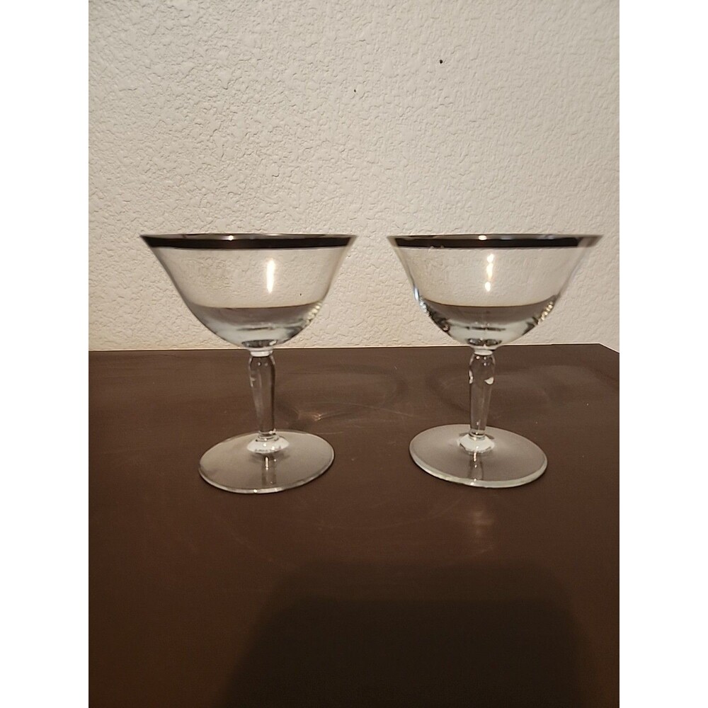 Vintage Crystal Champagne Coupe Silver Rim Set of 2 MCM Stemware